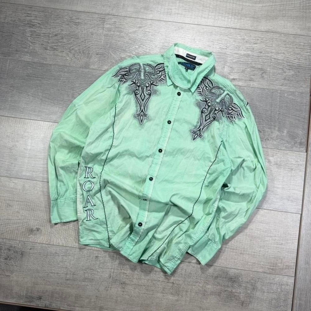 Affliction Mint Green Button-Up Shirt with Black Graphic Embroidery